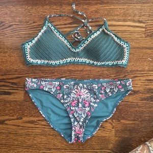 Green and white floral crochet bikini set